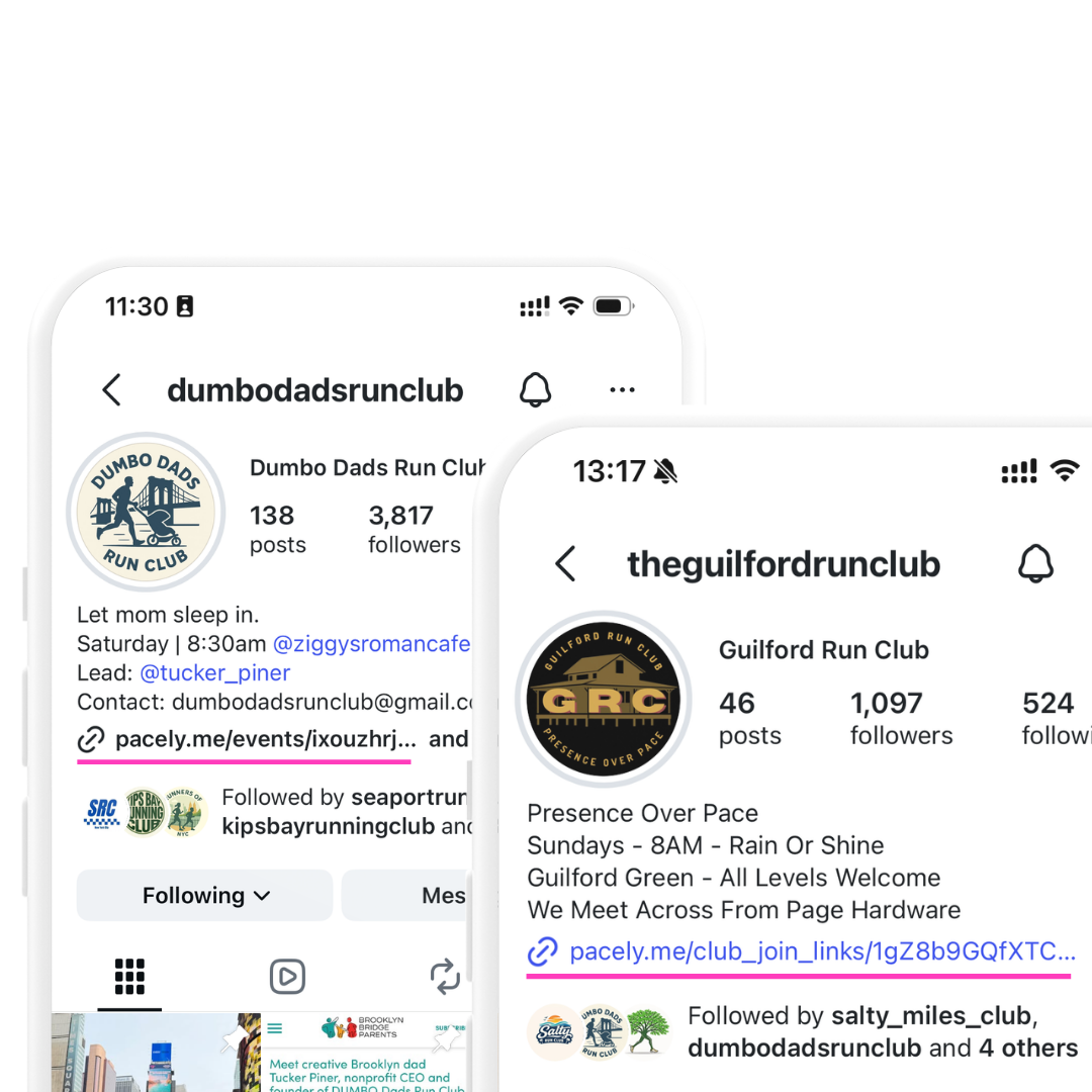 Dumbo Dads Run Club's Instagram profile with a Pacely event link beside Guildford Run Club's profile with a Pacely join link.